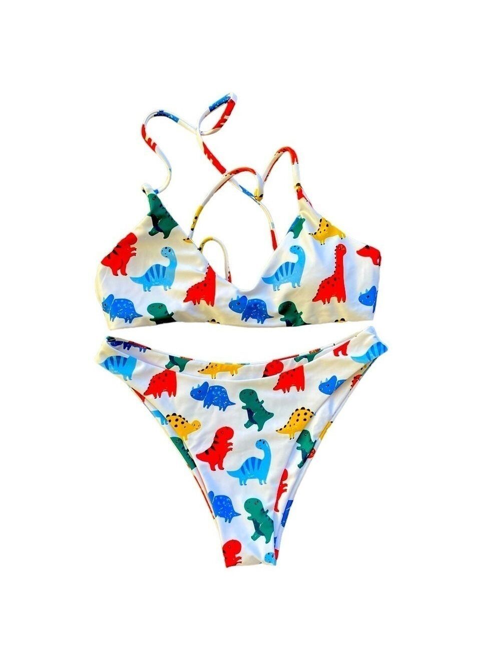 2/$15 Shein White Dinosaur Print Bikini Small